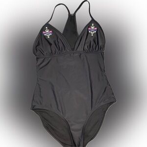 Roxy Black One-Piece Swimsuit with Geometric Embroidery, S